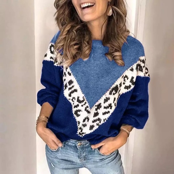 Sweaters - Blue Leopard V- Two Tone Knit Sweater